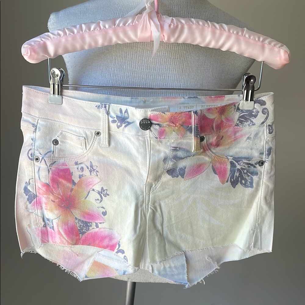 Cream and Pink Jean Shorts with Artistic Distressed Hem